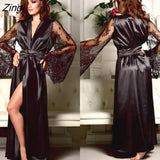 Womens Solid Sexy Silk Satin Lace Long Sleeve Deep V Bathrobe Pajamas Robe Lingerie Sleepwear