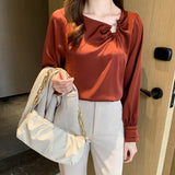 Women's Blouses Embroidered Flares Long Sleeve Shirt Women Solid Skew Collar Elegant Ladies Tops Basic OL Woman