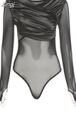 Fashion Mesh Fake Two-piece Bodysuits For Women 2023 Black See Through Long Sleeve Romper Club Party Wear