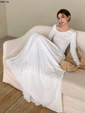 Casual Long Sleeve Maxi Bodycon Dress for Women Elegant Fashion Chic Evening Prom White Robe Female Spring Clothes