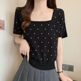 Zingj New Summer Printing Wave Point College Style Ice Silk T-Shirt Square Collar Short-Sleeved Sweater T-Shirt