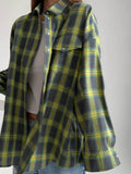 style versatile lapel loose fitting shirt 2024 autumn plaid long sleeved pocket women's