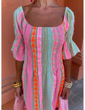 Patchwork Half Sleeved Women Maxi Dress Casual Beach Holiday Square Collar Ruffles Loose Dress Female Bohemian Mujer
