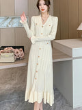 Dress 2024 Autumn/Winter New French Style Single Breasted Fish Tail Knit Dress Fashion Hollow Out Stretch Knit