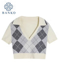 Crop Tops Women Summer Short Sleeve Lattice V-neck Sexy Slim Sweater POLO Neck Pullover Casual Clothes Female