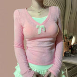 Patchwork Lace Bow Long Sleeve Knitted TeeOutfit