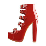 Onlymaker Women's Platform Buckle Belts Chunky 15~16cm Round Heel Peep Toe Black and Red Fashion Zipper Sandals For