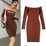 Sexy knitted off shoulder Cut Out Bodycon Solid Slim Dress Knee Length Long Sleeve Backless Casual Pencil