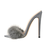 Onlymaker Peep Toe Mules Artificial Fur Slip On Gold White Thin High Sandals Big Size High Quality Summer Women Brand