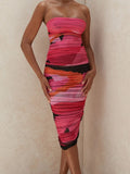 Strapless Print Ruched Dress For Women Sexy Sleeveless Mini Dresses Ladies Streetwear Backless Elasitc Mesh