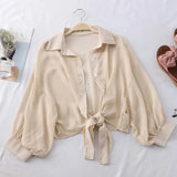 Woman Blouses Sparkles Shinning Chiffon Shirts Button Up Women's Blouse shirts Tied Up Waist Transperant