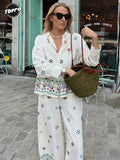 Loose Printed Wide Legs Pants Set Fashion Women's Lapel Single Breasted Shirt Suits 2024 Summer New Ladies Trendy