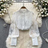 Zingj Retro Style Advanced Bubble Sleeve Shirt Autumn Net Embroidery Design Light Extravagant Socialite Temperament