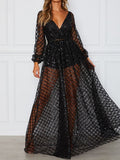 2022 Summer Women Long Party Dress Long Sleeve Sexy Mesh Tulle Gold Sequin Maxi