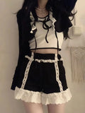 Piece Sets Womens Outfits Summer 2022 White Crop Top Black Cardigan Shorts Lace Trim Cute Short Sets Kawaii Clothes for