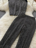 Shiny Diamonds Decor Women Two Piece Set Black Stand Collar Sleeveless Short Tops + High Waist Pencil Pants Suit