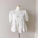 Vintage Embroidery Hollow Out Blouse Women Lace Flower Short Puff Sleeve Blusas White Shirts Summer Tops All Match