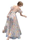 Zingj Organza A Word Shoulder Bubble Sleeve Broken Flower Condole Belt Dress Spring And Summer New Big Place Long