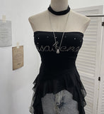 Shooting Hottie Letter Hot Diamond With Chest Pads To Wear Chest Vest Irregular Mesh Ribbon Hanging Neck Sleeveless Top
