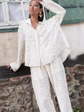 Solid Applique Flower Pant Sets Women Fashion Long Sleeves Buttons Shirt Wide Leg Pants Suits New Office Lady