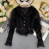 Women Lace blouse White V-neck Long sleeve Short Female shirt Single breasted RufflesSexy Tops Spring Black INKEO