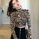 High Neck Leopard Print Fitted Pullovers Long Sleeve Tee Shirt Autumn Casual Women