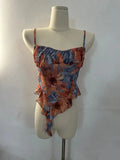 Sweet Hot Ruffles Mesh Camisole Top Lady Camis Sleeveless Printed Floral T shirts High Stretch Slim Tanks For Slim
