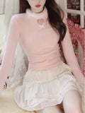 Aesthetic Heart Hollow Out T-shirts Casual O Neck Bow Patchwork Slim Tee Shirts Femme Puff Sleeve Kawaii Sweet Harajuku