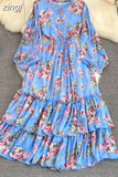 Vintage Floral Chiffon Long Dress Elegant O-Neck Puff Sleeve High Waist A-Line Ruffle Hem Vacation Beach Maxi