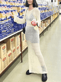 Crochet Hollow Backless Long Sleeve Cover Up Maxi Dress- Outfit