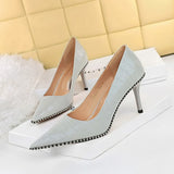 Zingj Retro Stone Grain High Heels Women's Shoes Heel High Heel Shallow Pointed Metal Beads Rivet Women's Singles