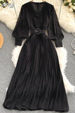 Women Lace Patchwork Pleated Chiffon Long Dress Autumn Winter Red/Black/Blue Draped Party Vestidos With Sashes Female Robe