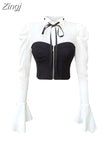 Black Chiffon Shirt Long Sleeve Tops Fashion Sexy Underbust Corset Women Bustier Tube Patchwork Fishbone Crop Tops 2023