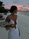 V-neck Wavy Hollow Out Sling Knitted Dress Women Elegant Sleeveless Backless Robes 2024 Lady Casual Beach Vacation