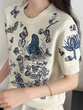 Summer Butterfly Flower Embroidery Sweaters Women's Knit Tops Design Runway O-Neck Short Sleeve Pullover Knitwear