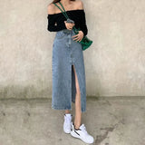 Zingj 2024 New Vintage High-Waisted Denim Skirt Female Medium Long A-Line Hip Fishtail Skirt-Outfit
