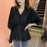Womens Summer Spring White Women Shirts V-Neck Pleated Batwing Sleeve Ruffles Hipster Girl Elastic Waist Solid Casual