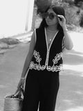 Women Embroidery High Waist Wide Leg Pant Set Fashion V Neck Sleeveless Single Breasted Vest Suits 2024 New Lady Street