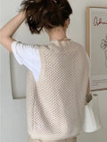 Vests Women Solid Hollow Out All-match Autumn Knitting Soft Warm O-neck Retro Fashion Loose Ulzzang Streetwear
