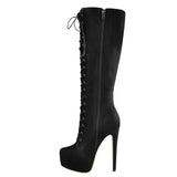 Onlymaker Women's Round Toe Stiletto Platform Zipper Knee High Boots16CM High Heel Pattern Lace Up Plus Size Boots For