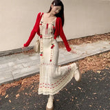 Fashion Casual Womens 2 Piece Outfit Set 2023 Autumn Sleeveless Midi Dress Red Short Cardigan Female Clothes Knitted