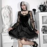 Dark Dress Lace Stitching Shows Chest Long-Sleeved Lotus Leaf Edge Waist Shows Thin Casual