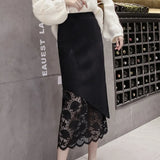 Zingj And Winter Lace Spliced Half Skirt High Waist Design Sense Positive And Negative Knitted Slit Hip Skirt Temperament One-Step