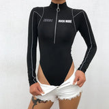 Autumn Fitness Long Sleeve Bodysuit Women Turtleneck Body Reflective Stripe Bodycon Jumpsuit Zipper Workout