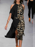 Women Commuter Patchwork Dot Leopard Printed Dress Sexy Halter Tie-Up Split Irregular Dress 2022 Fashion Off Shoulder Pary