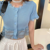 Sleeve T-shirts Women Lace Patchwork Crop Top Ins Chic Sweet Student Ruffled Single Breasted Tees Korean Slim Knitwear