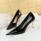 Zingj Fashion Simple Metal With Super High Heel Shallow Point Bright Patent Leather Heels Women's Single