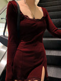 Square Neck Lace Patchwork Bodycon Black Dress Women Elegant Cotton Fashion Side Split Autumn Dress Mini Ladies