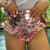 Women’s Solid Color Shiny Metallic Shorts Summer High Waist PU Leather Ruffle Trim Short Pants