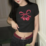 And Lovely Cherry Bow Printed Round Collar Basic T-Shirt Girls Wear A New Style Of Simple Blouse In